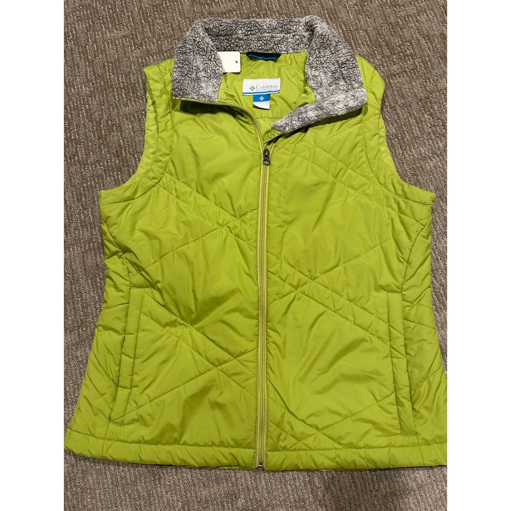 Columbia Womens Quilted Puffer Vest Lime Green Sherpa Lined Collar Large